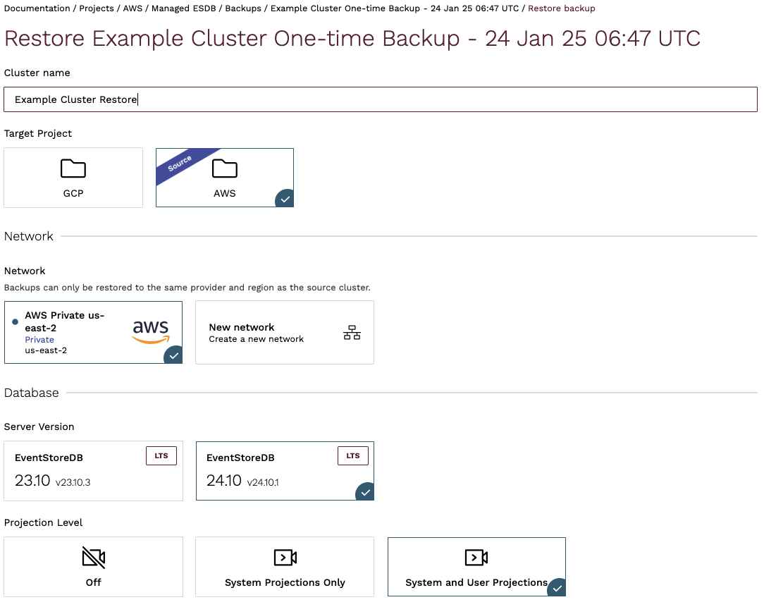 one off restore cluster backup
